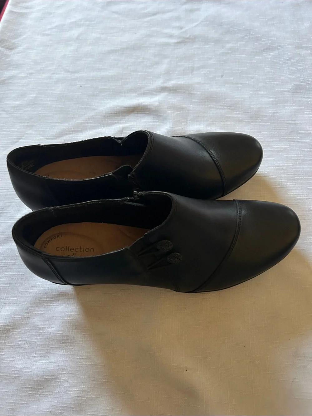 Clarks Black Leather Slip-On Loafers with Side Button Detail